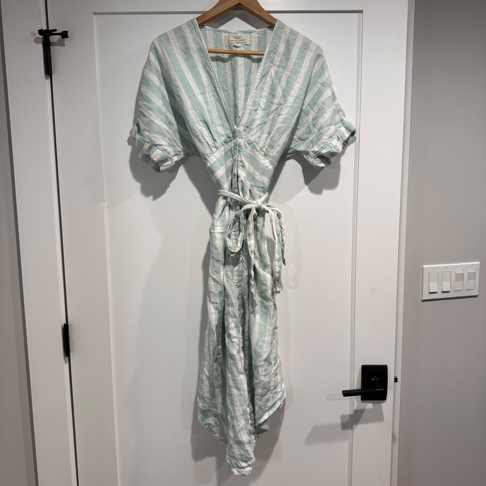 Birds of Paradis by Trovata Blue White Striped Linen Midi Dress Tie Womens 4